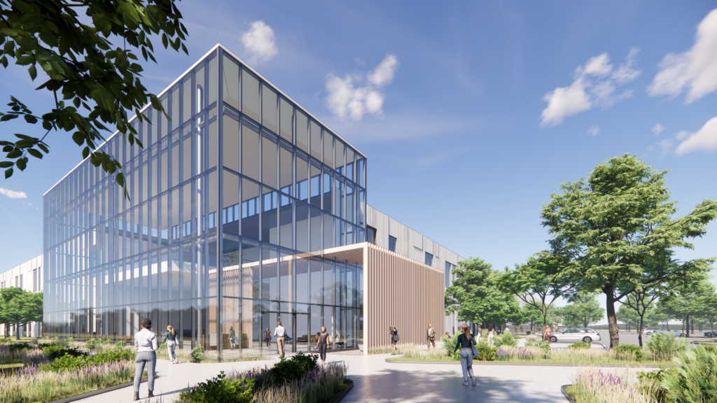 Contemporary office building with glass and wood cladding featuring a gridded facade, surrounded by landscaped plaza with trees and people.
